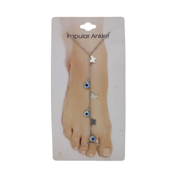 JEWELRY - ANKLET - METAL AND ENAMEL - CHAIN - 20.5cm EYE AND BUTTERFLY GK101 - NICKEL AND BLUE (LIGHT) - 1pc.