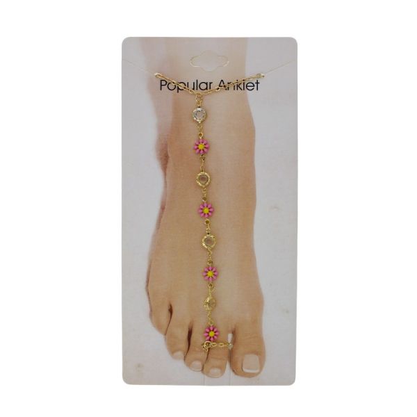 JEWELRY - ANKLET - METAL AND CRYSTALS - CHAIN - 20cm FLOWER GK095 - GOLD-WHITE-PINK - 1pc.
