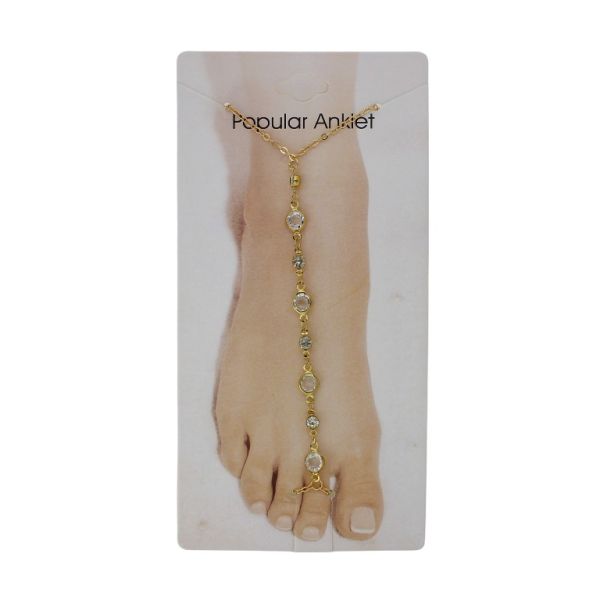 БИЖУТЕРИЯ - ГРИВНА ЗА КРАК - МЕТАЛ И КРИСТАЛИ- СИНДЖИР - 20.5 см КРЪГ GK094 - ЗЛАТИСТО И БЯЛО - ПАКЕТ 3 бр.