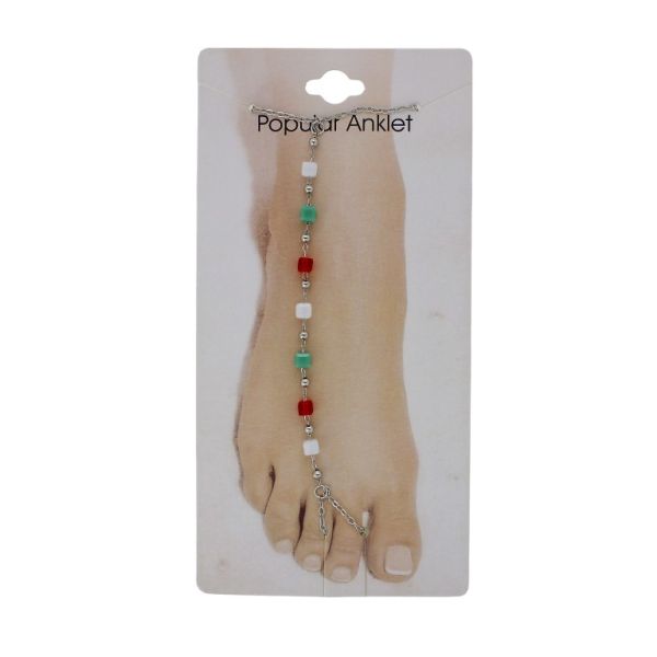 БИЖУТЕРИЯ - ГРИВНА ЗА КРАК - МЕТАЛ И КРИСТАЛИ- СИНДЖИР - 20.5 см КУБ GK084 НИКЕЛ-БЯЛО-ЗЕЛЕНО-ЧЕРВЕНО - ПАКЕТ 3 бр.