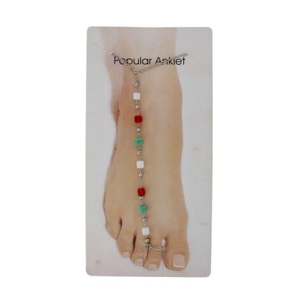 БИЖУТЕРИЯ - ГРИВНА ЗА КРАК - МЕТАЛ И КРИСТАЛИ- СИНДЖИР - 20.5 см КУБ GK084 НИКЕЛ-БЯЛО-ЧЕРВЕНО-ЗЕЛЕНО - 1 бр.