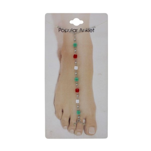 БИЖУТЕРИЯ - ГРИВНА ЗА КРАК - МЕТАЛ И КРИСТАЛИ- СИНДЖИР - 20.5 см КУБ GK084 НИКЕЛ-ЗЕЛЕНО-ЧЕРВЕНО-БЯЛО - 1 бр.