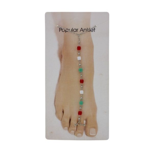 БИЖУТЕРИЯ - ГРИВНА ЗА КРАК - МЕТАЛ И КРИСТАЛИ- СИНДЖИР - 20.5 см КУБ GK084 НИКЕЛ-ЧЕРВЕНО-БЯЛО-ЗЕЛЕНО - 1 бр.