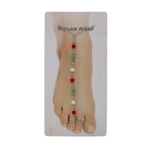 БИЖУТЕРИЯ - ГРИВНА ЗА КРАК - МЕТАЛ И КРИСТАЛИ- СИНДЖИР - 20.5 см КУБ GK084 НИКЕЛ-ЧЕРВЕНО-ЗЕЛЕНО-БЯЛО - 1 бр.