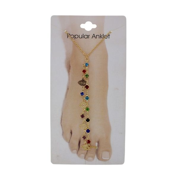 БИЖУТЕРИЯ - ГРИВНА ЗА КРАК - МЕТАЛ И КРИСТАЛИ- СИНДЖИР - 20.5 см ОКО GK096 - ЗЛАТИСТО И МИКС 01 - ПАКЕТ 3 бр.