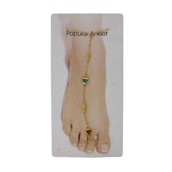 БИЖУТЕРИЯ - ГРИВНА ЗА КРАК - МЕТАЛ И КРИСТАЛИ- СИНДЖИР - 20.5 см СЪРЦЕ GK085 - ЗЛАТИСТО-СИНЬО СВ.-ПЕПЕЛ ОТ РОЗИ - ПАКЕТ 3 бр.