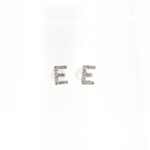 БИЖУТЕРИЯ - ОБЕЦИ - ВИНТ - ЦИРКОН - БУКВА Е Е521 - 0.5х0.7см НИКЕЛ И БЯЛО - ПАКЕТ 6 чифта