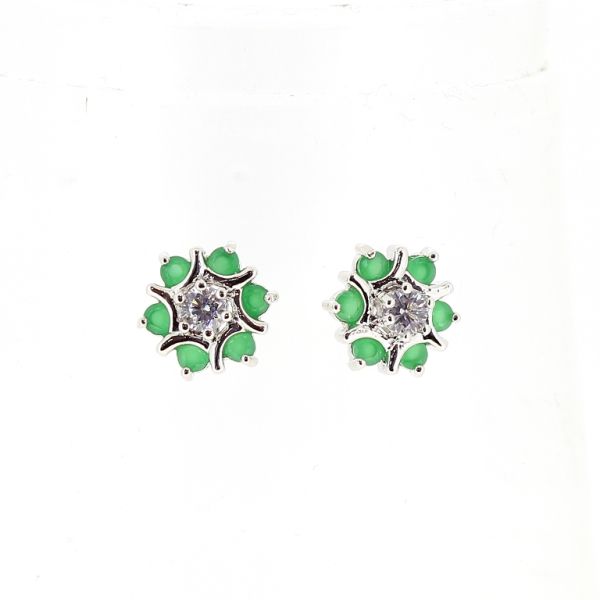 JEWELRY - EARRINGS - SCREW - ZIRCON - FLOWER Е514 - 1.2x1.2cm NICKEL-WHITE-GREEN - 1 pair