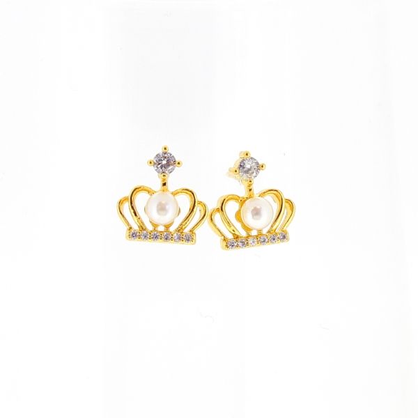 БИЖУТЕРИЯ - ОБЕЦИ - ВИНТ - ЦИРКОН И ПЕРЛИ - КОРОНА Е498 - 1.1х1.3см ЗЛАТИСТО И БЯЛО - 1 чифт