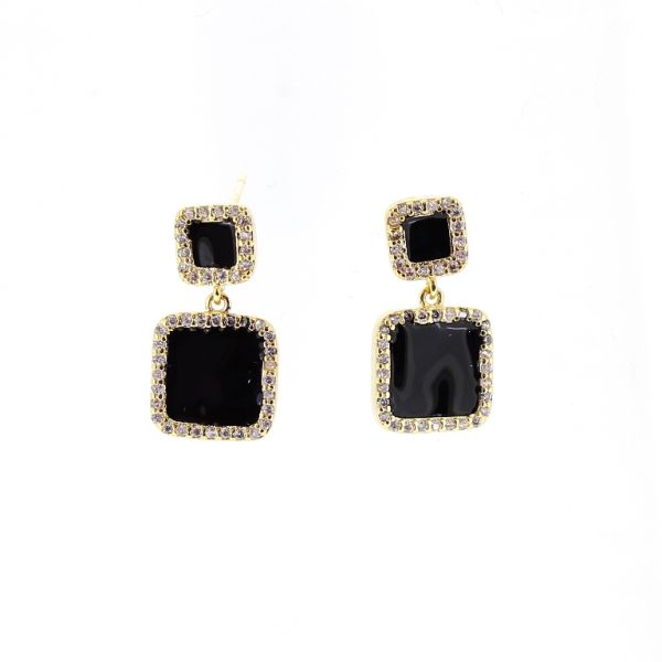 БИЖУТЕРИЯ - ОБЕЦИ - ВИНТ - ЦИРКОН И ЕМАЙЛ - КВАДРАТ Е541 - 1.0х1.9см ЗЛАТИСТО-ЧЕРНО-БЯЛО - 1 чифт