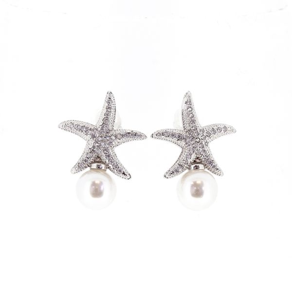 БИЖУТЕРИЯ - ОБЕЦИ - ВИНТ - ЦИРКОН И ПЕРЛИ - МОРСКА ЗВЕЗДА Е538 - 1.7х2.1см НИКЕЛ И БЯЛО - ПАКЕТ 6 чифта