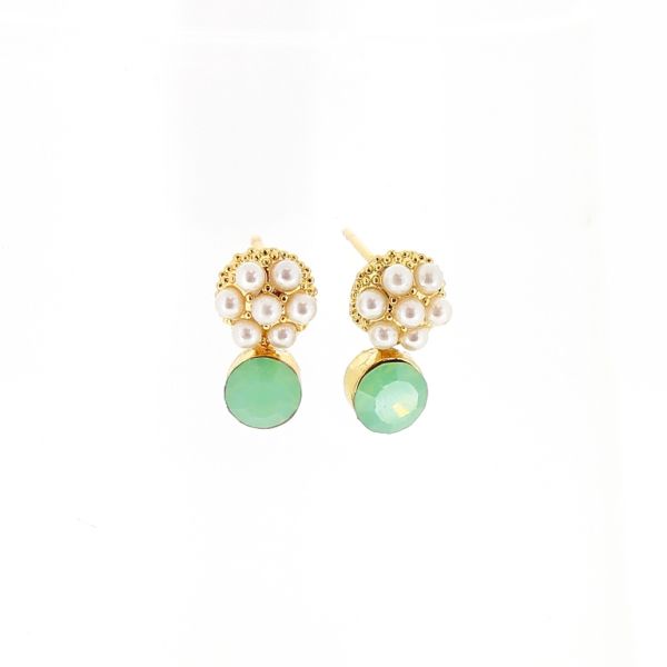 БИЖУТЕРИЯ - ОБЕЦИ - ВИНТ - ЦИРКОН И ПЕРЛИ - ЦВЕТЕ Е537 - 0.9х1.4см ЗЛАТИСТО-БЯЛО-ЗЕЛЕНО СВ. - 1 чифт