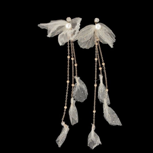 JEWELRY - EARRINGS - CLIPS - TULLE AND PEARLS Е556 - 0.7x18.5cm - GOLD (DARK) AND WHITE - PACKAGE 6 pairs