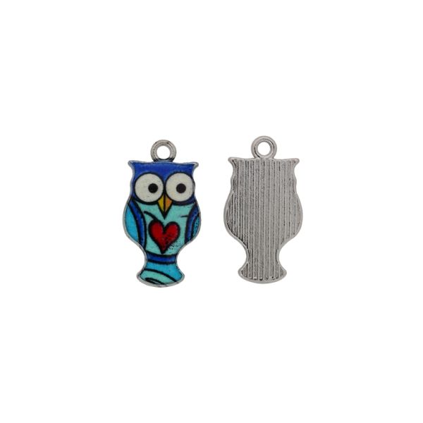 METAL BEADS WITH ENAMEL - PENDANT - OWL 09 - 12x22x2mm NICKEL-TURQUOISE-BLUE (DARK)-RED - 5pcs. Hole-1.8mm