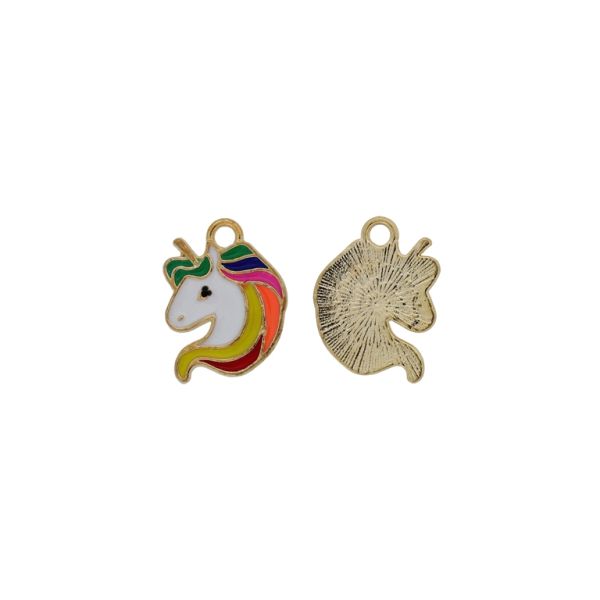 METAL BEADS WITH ENAMEL - PENDANT - UNICORN 03 - 14x18x1mm GOLD AND WHITE-MIX - 5pcs. Hole-2.0mm