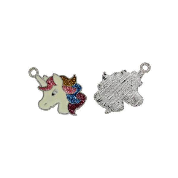 METAL BEADS WITH ENAMEL - PENDANT - UNICORN 04 - 18x24x1.6mm NICKEL-ECRU-PINK - 5pcs. Hole-1.8mm