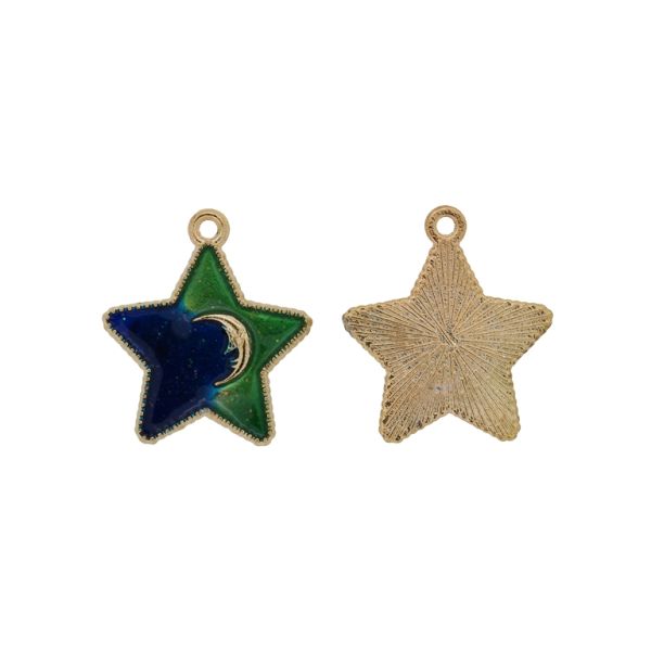METAL BEADS WITH ENAMEL - PENDANT - STAR 12 - 20x23x1.7mm GOLD-GREEN (DARK)-BLUE (DARK) - 5pcs. Hole-1.6mm
