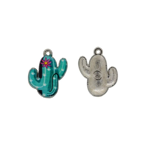 METAL BEADS WITH ENAMEL - PENDANT - CACTUS 01 - 17x22x2mm NICKEL-TURQUOISE-PINK - PACKAGE 30pcs. Hole-1.4mm