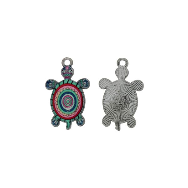 METAL BEADS WITH ENAMEL - PENDANT - TURTLE 02 - 15x25x2.4mm NICKEL-TURQUOISE-RED - 5pcs. Hole-1.8mm
