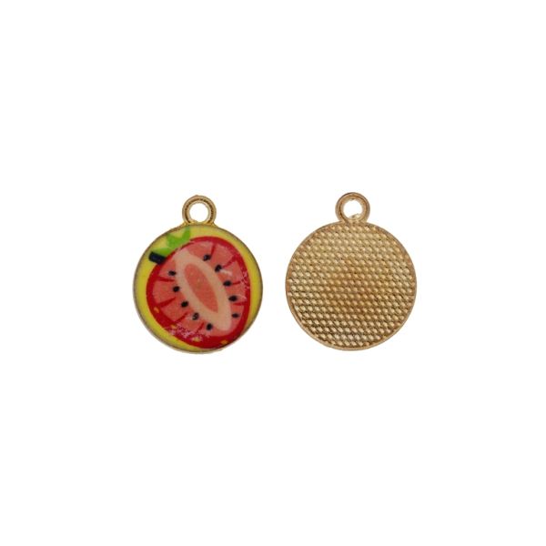 METAL BEADS WITH ENAMEL - PENDANT - CIRCLE WITH STRAWBERRY 02 - 15x19x2mm GOLD-YELLOW-RED-PINK - PACKAGE 30pcs. Hole-2.0mm