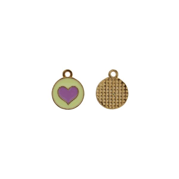 METAL BEADS WITH ENAMEL - PENDANT - CIRCLE WITH HEART 01 - 12x14x1.4mm GOLD-RESEDA-PURPLE (LIGHT) - PACKAGE 40pcs. Hole-1.8mm