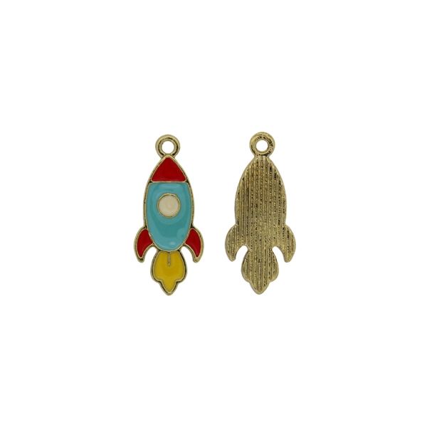 METAL BEADS WITH ENAMEL - PENDANT - ROCKET 03 - 11x24x1.6mm GOLD-TURQUOISE-RED - PACKAGE 30pcs. Hole-1.6mm