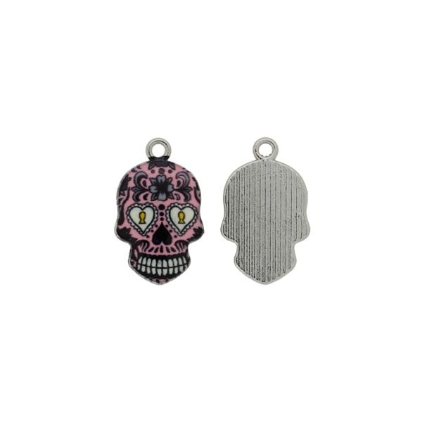 METAL BEADS WITH ENAMEL - PENDANT - SKULL 01 - 14x22x2mm NICKEL-PINK-BLACK - 5pcs. Hole-1.8mm