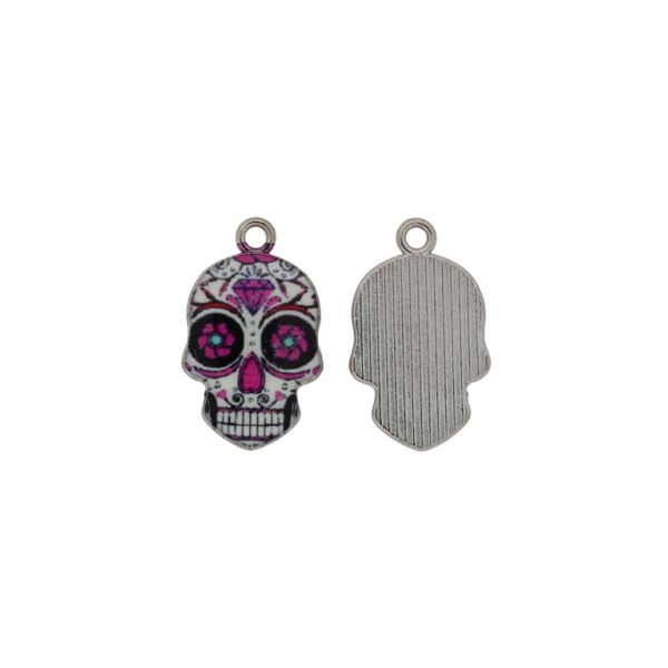 METAL BEADS WITH ENAMEL - PENDANT - SKULL 02 - 14x22x2mm NICKEL-PINK (DARK)-WHITE - PACKAGE 30pcs. Hole-1.8mm