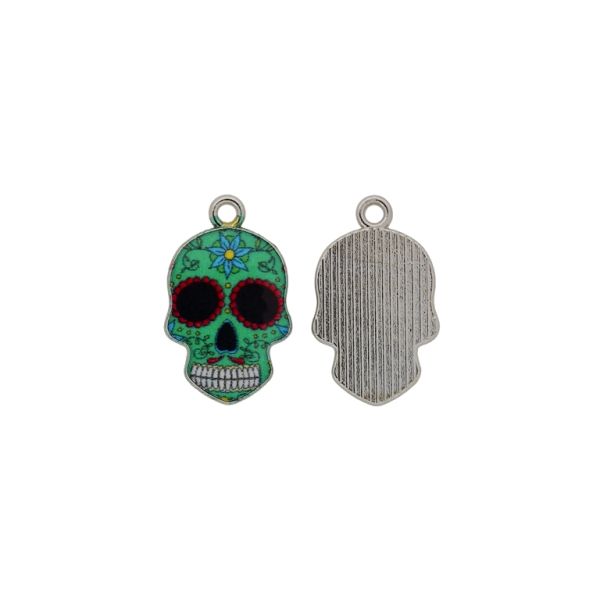 METAL BEADS WITH ENAMEL - PENDANT - SKULL 03 - 14x22x2mm NICKEL-TURQUOISE-BLACK - 5pcs. Hole-1.8mm