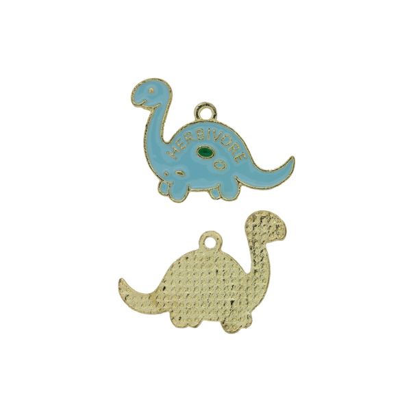 METAL BEADS WITH ENAMEL - PENDANT - DINOSAUR 02 - 25x20x1.5mm GOLD (LIGHT)-BLUE (LIGHT) - PACKAGE 40pcs. Hole-1.8mm