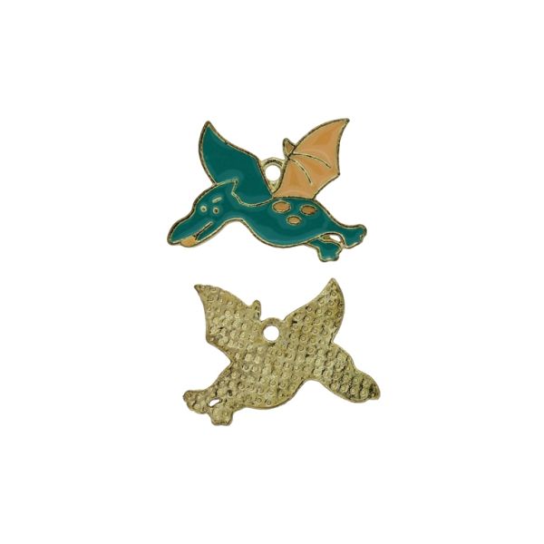 МЕТАЛНИ МЪНИСТА С ЕМАЙЛ - ВИСУЛКА - ДИНОЗАВЪР 04 - 26х20х1.5мм ЗЛАТИСТО СВ.-ЗЕЛЕНО Т.-БЕЖОВО - 4 бр. Отвор-1.6мм