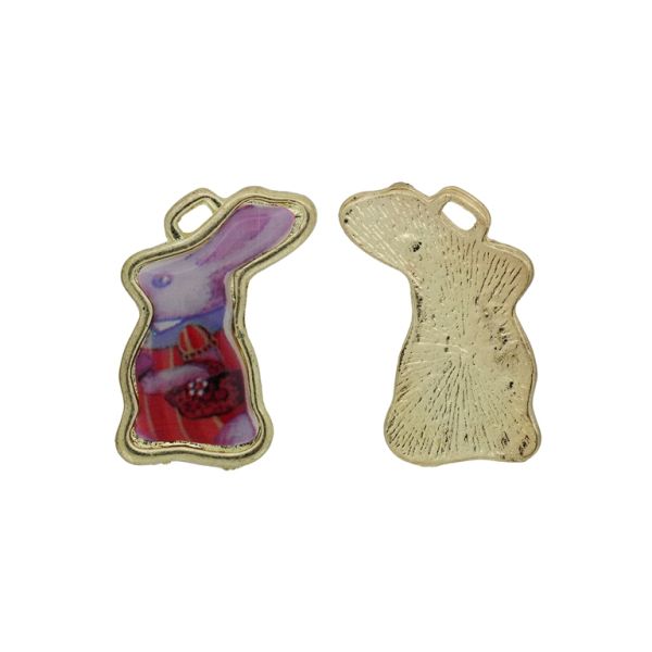 METAL BEADS WITH ENAMEL - PENDANT - RABBIT 08 - 17x28x1.4mm GOLD-RED-PINK - 2pcs. Hole-1.7x3.5mm