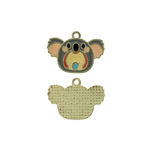 METAL BEADS WITH ENAMEL - PENDANT - KOALA 01 - 24x18x1.6mm GOLD (LIGHT)-GRAY-PINK - 3pcs. Hole-1.8mm