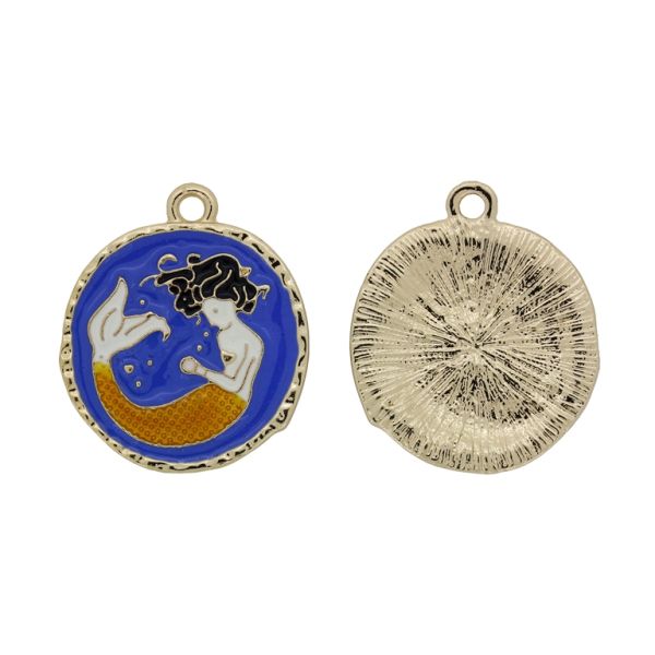 METAL BEADS WITH ENAMEL - PENDANT - MERMAID 02 - 24x28x2mm GOLD-BLUE (DARK)-ORANGE - PACKAGE 20pcs. Hole-2.2mm