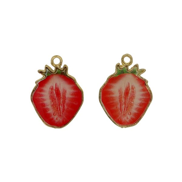 METAL BEADS WITH ENAMEL - PENDANT - STRAWBERRY 04 - 18x27x2.5mm GOLD-RED-GREEN - 2pcs. Hole-2.0mm