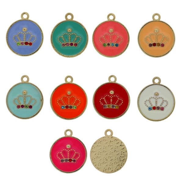 METAL BEADS WITH ENAMEL AND CRYSTALS - PENDANT - CIRCLE WITH CROWN 01 MIX - 25x29x2mm GOLD AND MIX - PACKAGE 20pcs. Hole-2.6mm