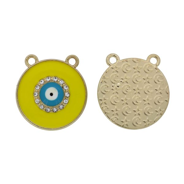METAL BEADS WITH ENAMEL AND CRYSTALS - PENDANT - EYE 10 - 25x26x3.6mm GOLD-YELLOW-TURQUOISE - PACKAGE 20pcs. Hole-2.2mm