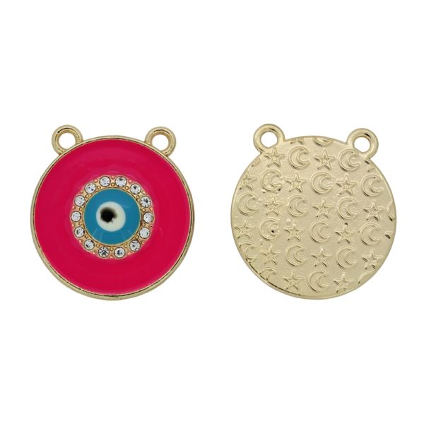 METAL BEADS WITH ENAMEL AND CRYSTALS - PENDANT - EYE 10 - 25x26x3.6mm GOLD-CYCLAMEN-TURQUOISE - PACKAGE 20pcs. Hole-2.2mm