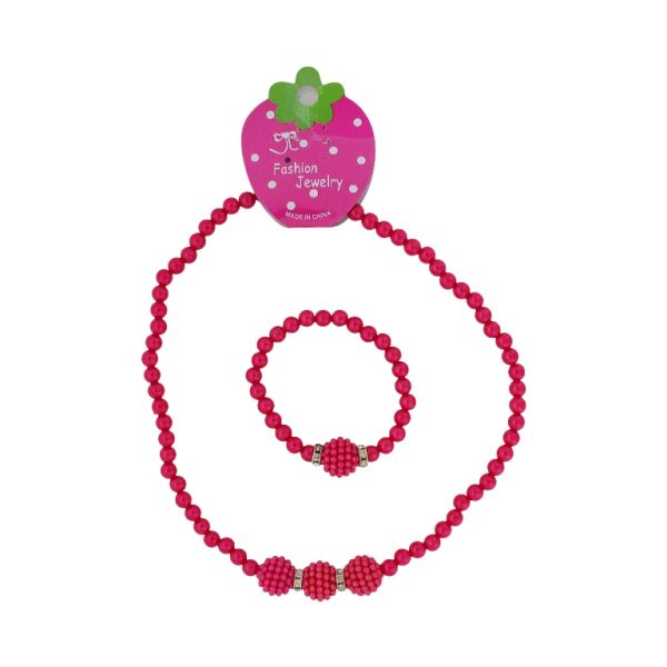 JEWELRY - SET - ELASTIC - PLASTIC PEARLS - RASPBERRY S76 - WHITE-NICKEL-MIX - PACKAGE (6 sets)