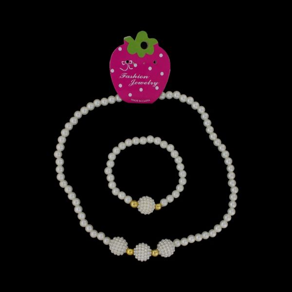 БИЖУТЕРИЯ - КОМПЛЕКТ - ЕЛАСТИЧЕН - ПЛАСТМАСОВИ ПЕРЛИ - МАЛИНА S77- БЯЛО-ЗЛАТИСТО - ПАКЕТ (6 компл.)