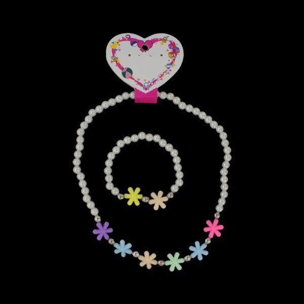 JEWELRY - SET - ELASTIC - PLASTIC PEARLS - FLOWER S66 - WHITE-NICKEL-MIX - PACKAGE (6 sets)