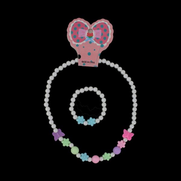 JEWELRY - SET - ELASTIC - PLASTIC PEARLS - FLOWER S70 - WHITE-MIX - PACKAGE (6 sets)