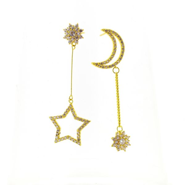 БИЖУТЕРИЯ - ОБЕЦИ - ВИНТ - ЦИРКОН - ЛУНА И ЗВЕЗДА Е509 - 1.3х5.4см ЗЛАТИСТО-БЯЛО - 1 чифт