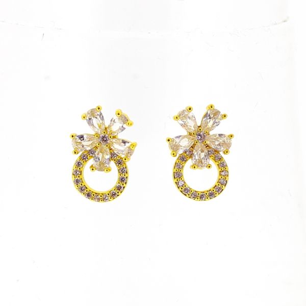 JEWELRY - EARRINGS - SCREW - ZIRCON - FLOWER Е501 - 1.1x1.6cm GOLD AND WHITE - 1 pair