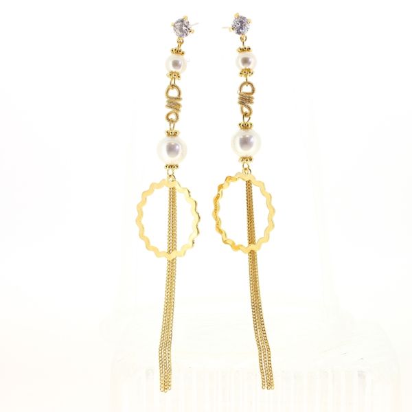 БИЖУТЕРИЯ - ОБЕЦИ - ВИНТ - ЦИРКОН И ПЕРЛИ - КРЪГ ВЪЛНА Е497 - 0.7х12см ЗЛАТИСТО И БЯЛО - ПАКЕТ 6 чифта