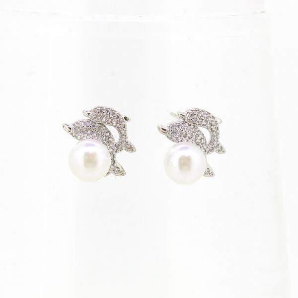 БИЖУТЕРИЯ - ОБЕЦИ - ВИНТ - ЦИРКОН И ПЕРЛИ - ДЕЛФИНИ Е584 - 1.5х1.6см НИКЕЛ И БЯЛО - 1 чифт