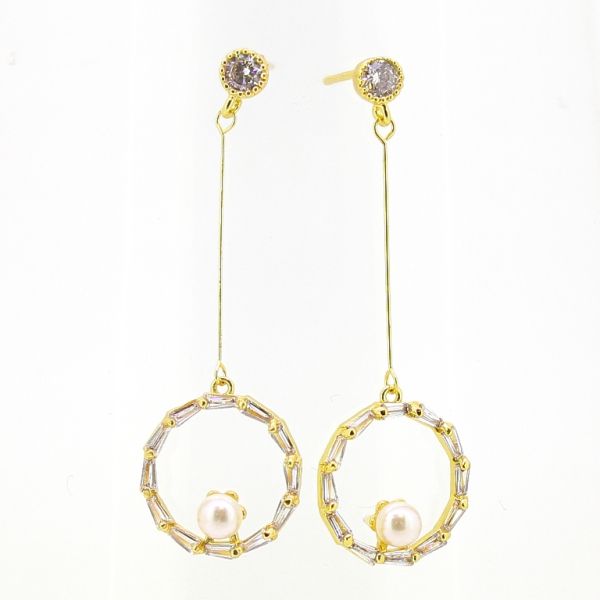 БИЖУТЕРИЯ - ОБЕЦИ - ВИНТ - ЦИРКОН И ПЕРЛИ - КРЪГ Е588 - 0.8х2.5см ЗЛАТИСТО И БЯЛО - 1 чифт