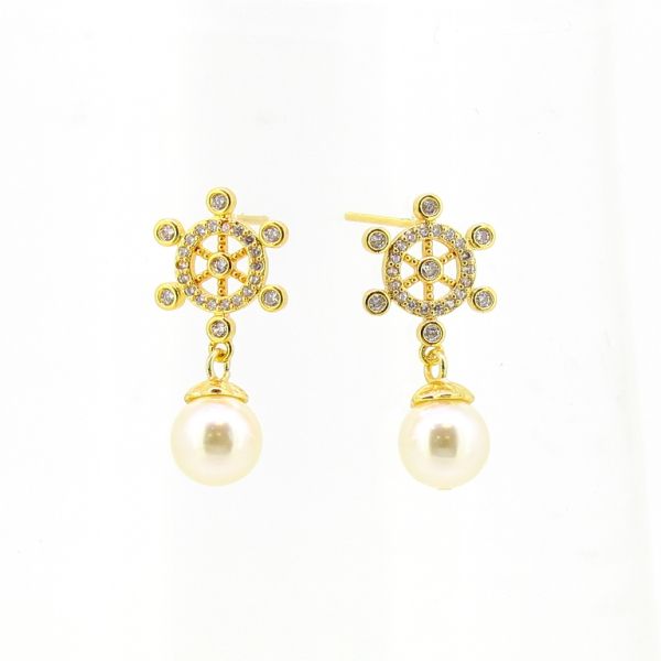 БИЖУТЕРИЯ - ОБЕЦИ - ВИНТ - ЦИРКОН И ПЕРЛИ - РУЛ Е585 - 1.2х2.4см ЗЛАТИСТО И БЯЛО - 1 чифт