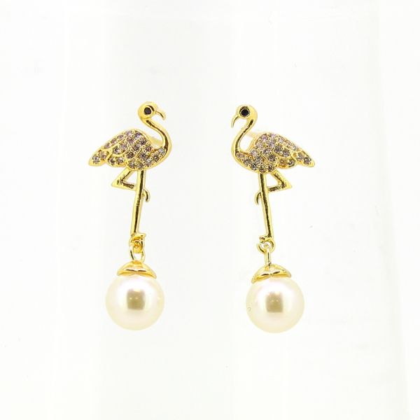 БИЖУТЕРИЯ - ОБЕЦИ - ВИНТ - ЦИРКОН И ПЕРЛИ - ФЛАМИНГО Е586 - 1.2х2.9см ЗЛАТИСТО И БЯЛО - 1 чифт