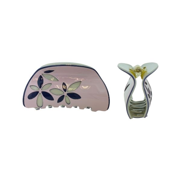 JEWELRY - BRACKET - CLAW HAIR CLIP PLASTIC WITH FLOWERS SH074 - 8.5x4.5x4.0cm ROSE DUST-BLUE (DARK)- BEIGE - 1pc.
